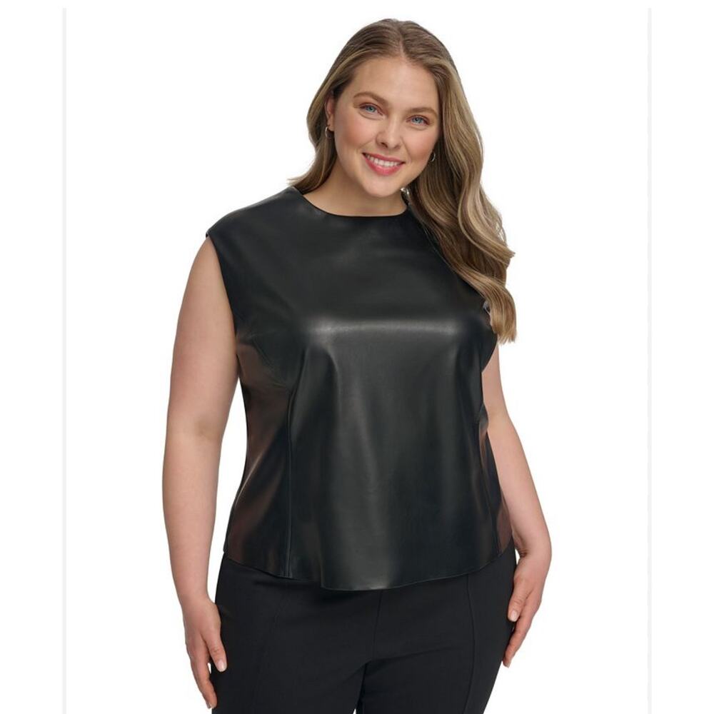 Calvin Klein Women's Black Faux Leather Round Neck Tank Top Plus Size 16W